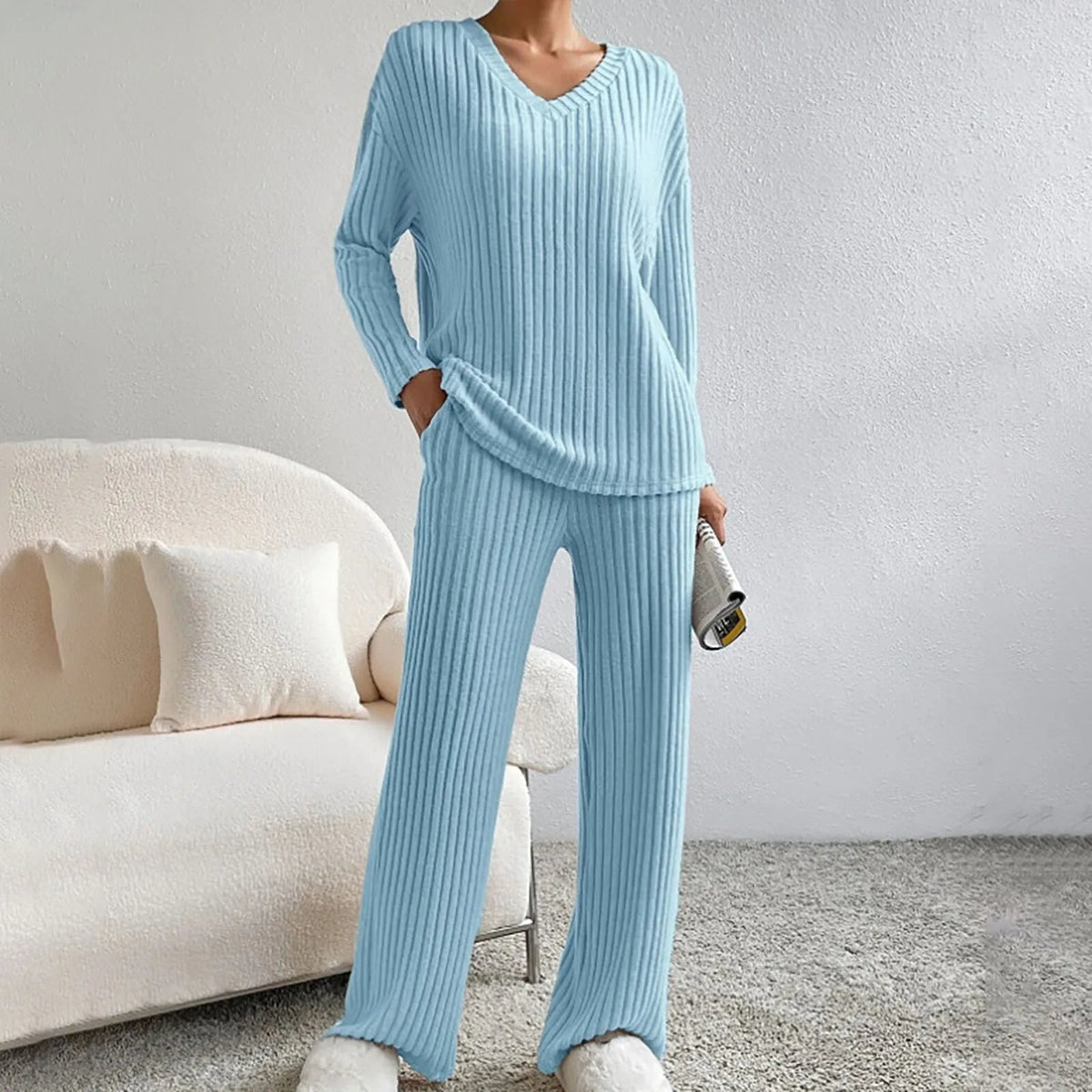 Jenna | Ribbed Knitted V Neck Long Sleeve Autumn Winter Wide Leg Trouser Oversized Co Ord Set Women