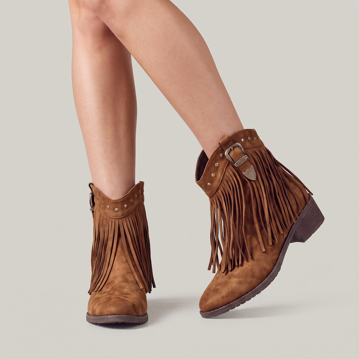 Maddie | Studded Fringe Block Heeled Pull On Autumn Winter Faux Suede Ankle Boots Women