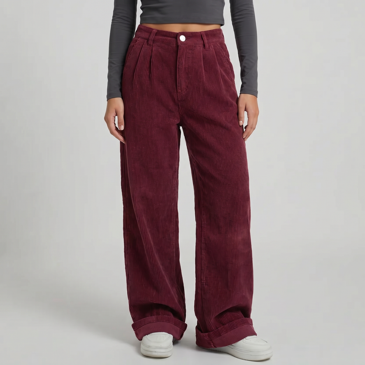 Mila | Loose Pleated Elasticated Turn Up Pockets Autumn Corduroy Wide Leg Trousers Women