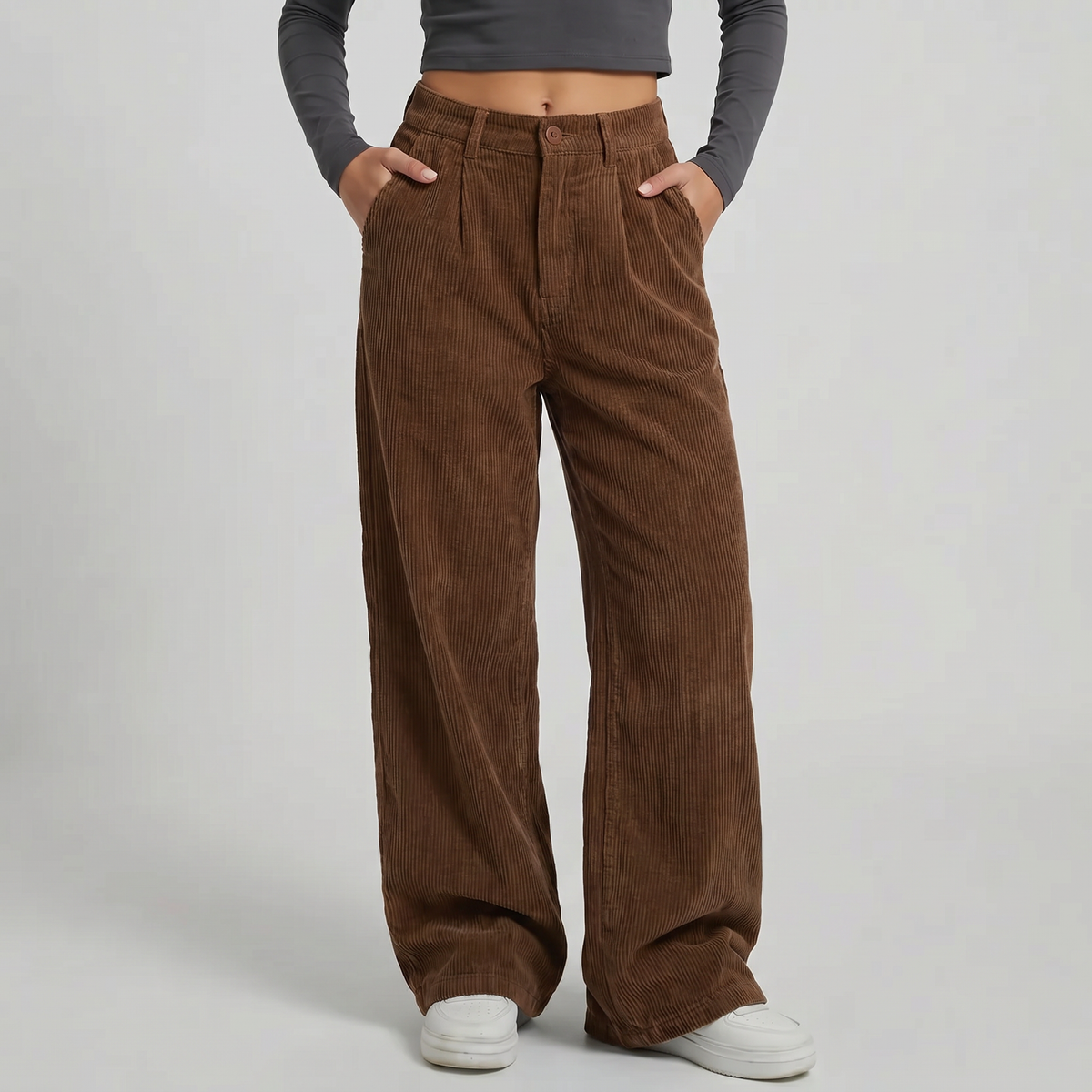 Mila | Loose Pleated Elasticated Turn Up Pockets Autumn Corduroy Wide Leg Trousers Women