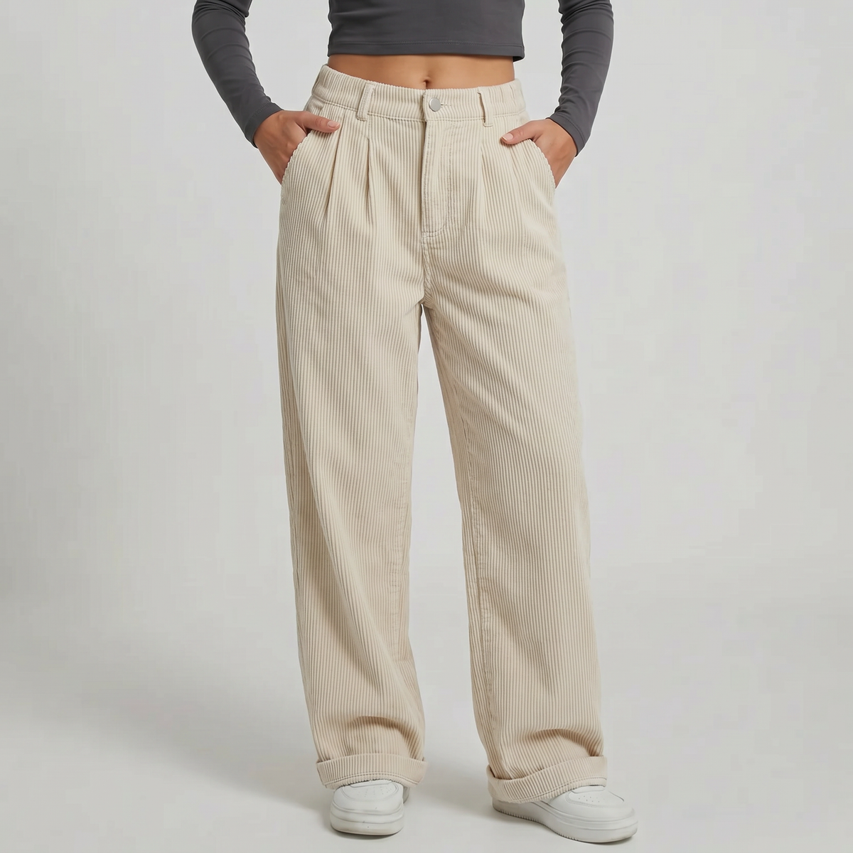 Mila | Loose Pleated Elasticated Turn Up Pockets Autumn Corduroy Wide Leg Trousers Women