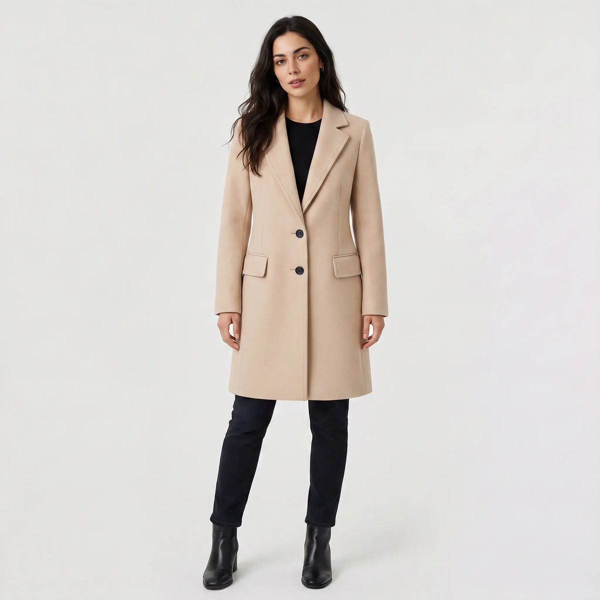 Sara | Fitted Lapel Button Pocket Knee Length Autumn Smart Tailored Coat Women