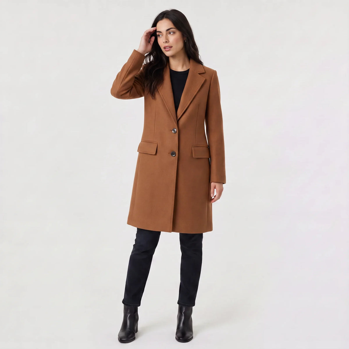 Sara | Fitted Lapel Button Pocket Knee Length Autumn Smart Tailored Coat Women