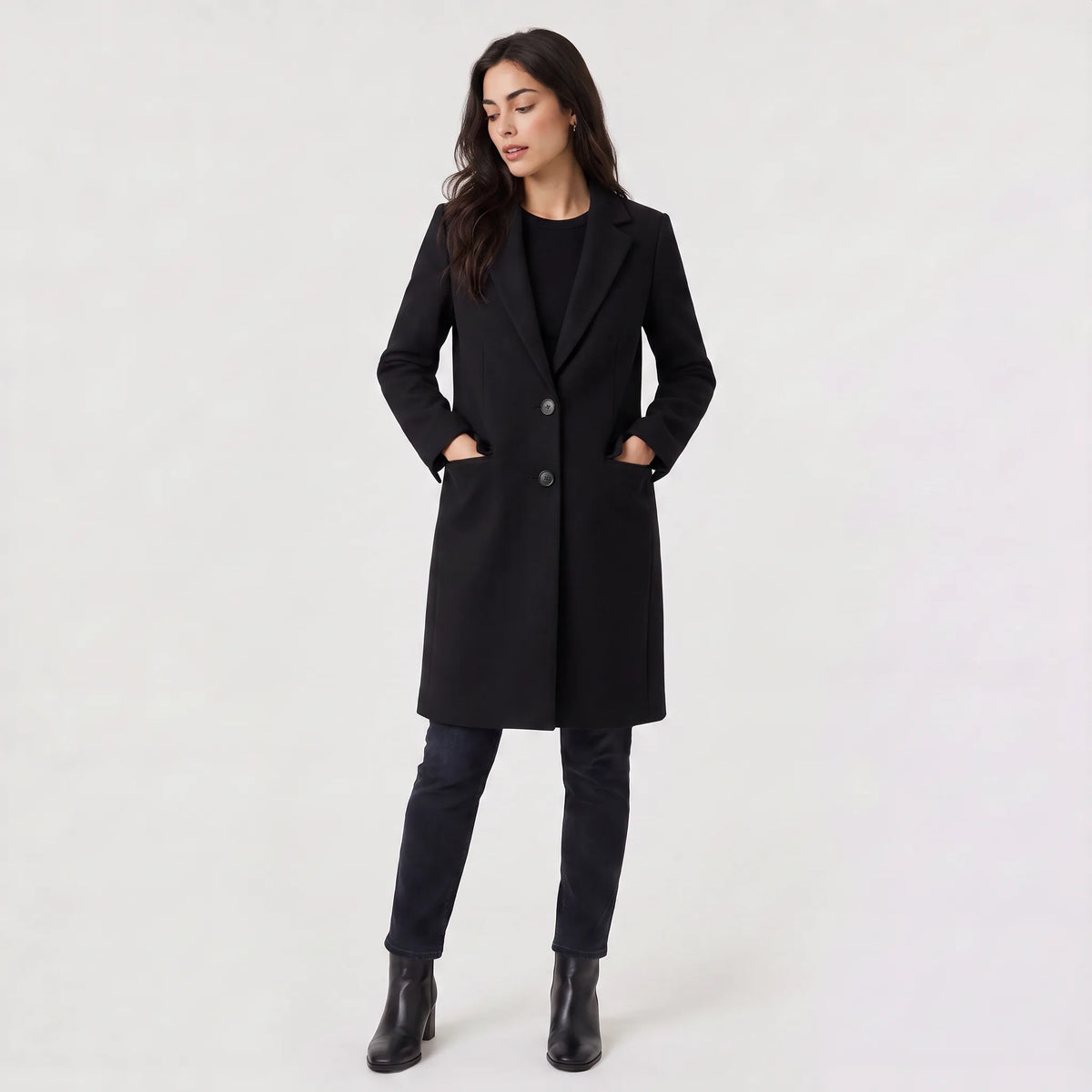 Sara | Fitted Lapel Button Pocket Knee Length Autumn Smart Tailored Coat Women