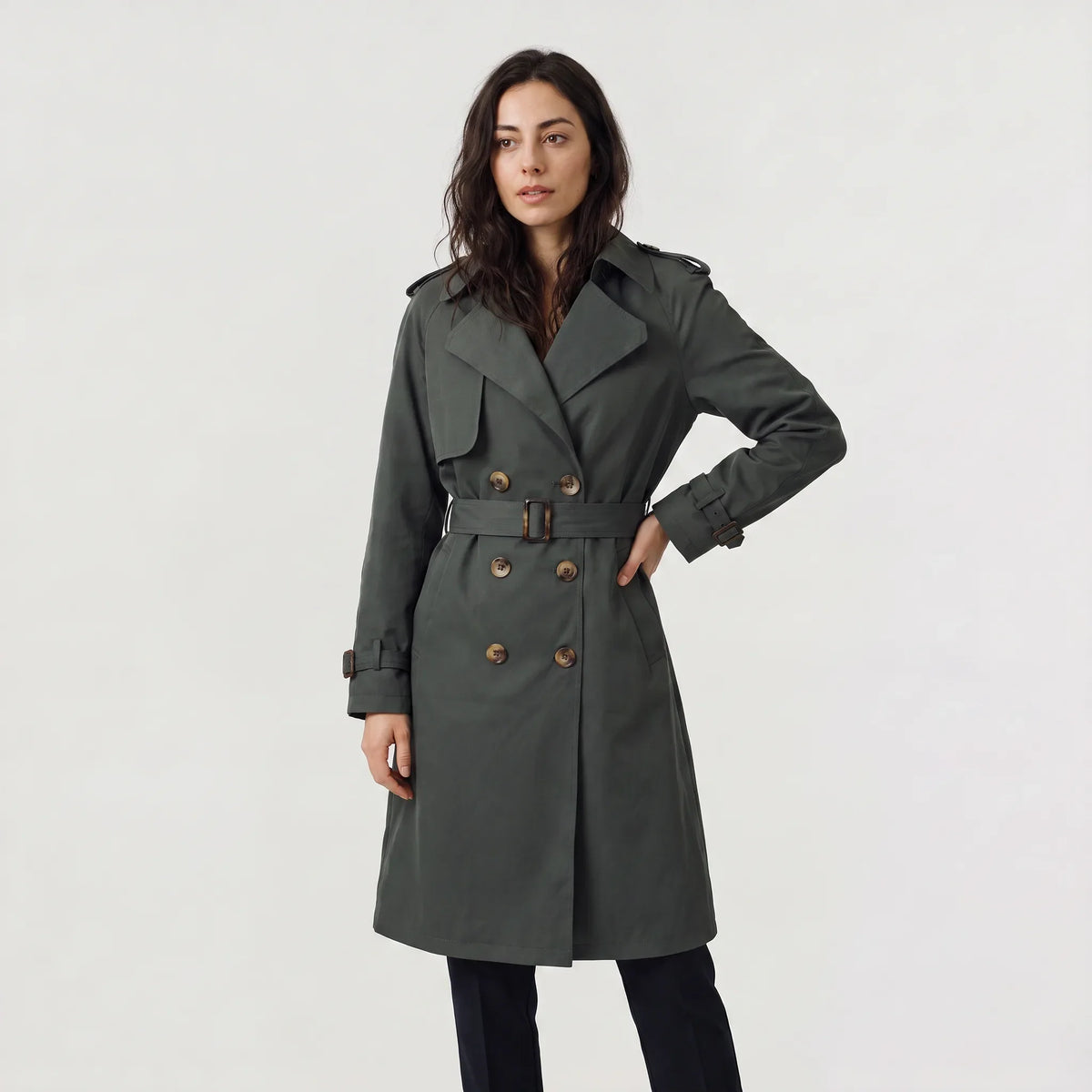 Thea | Classic Double Breasted Belted Buckle Collared Lapel Autumn Smart Long Trench Coat Ladies