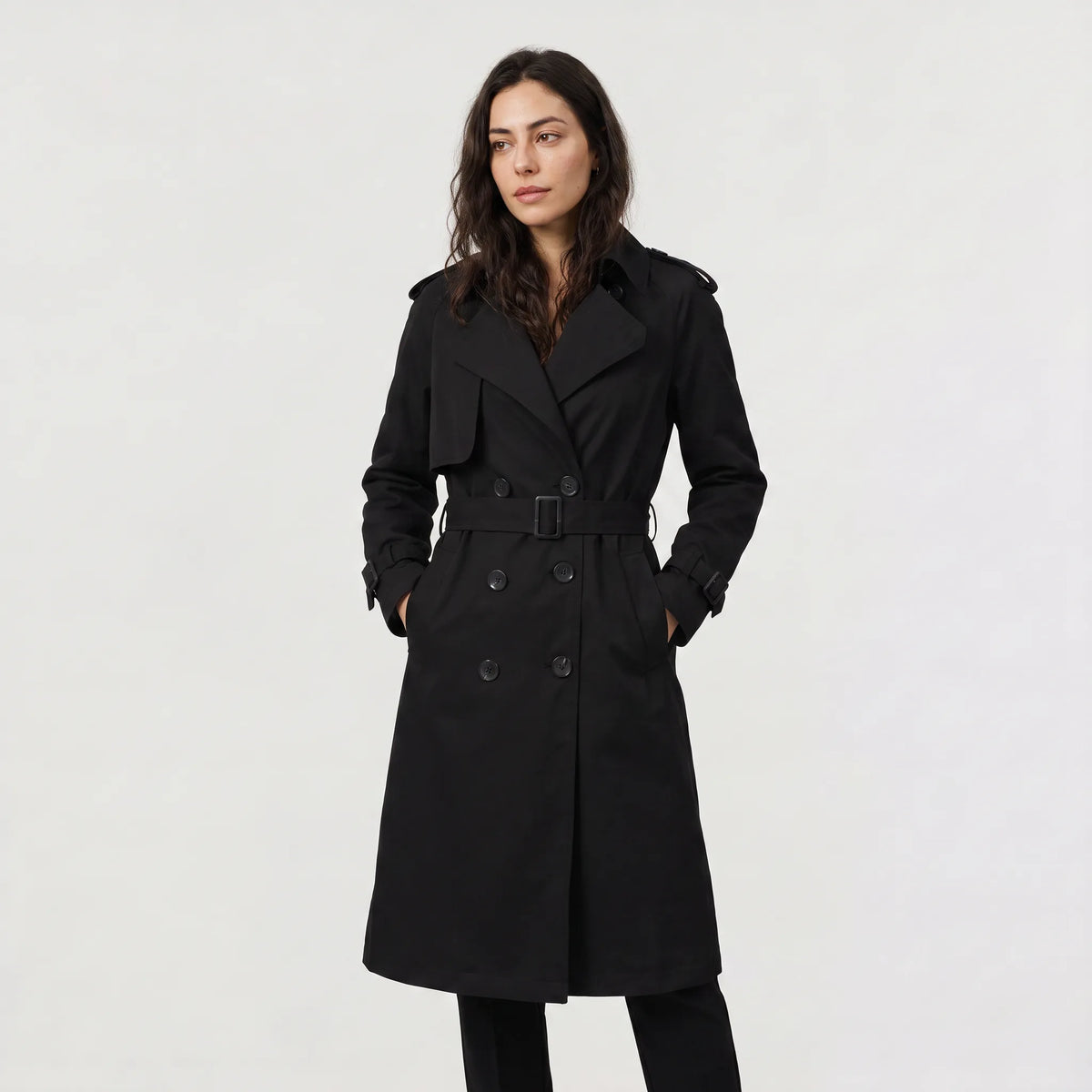 Thea | Classic Double Breasted Belted Buckle Collared Lapel Autumn Smart Long Trench Coat Ladies
