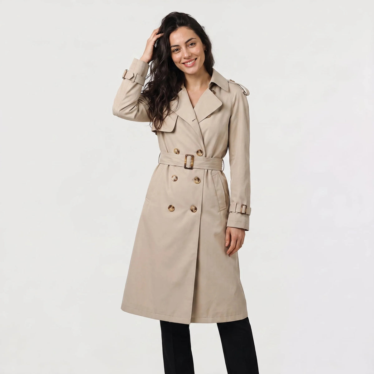 Thea | Classic Double Breasted Belted Buckle Collared Lapel Autumn Smart Long Trench Coat Ladies