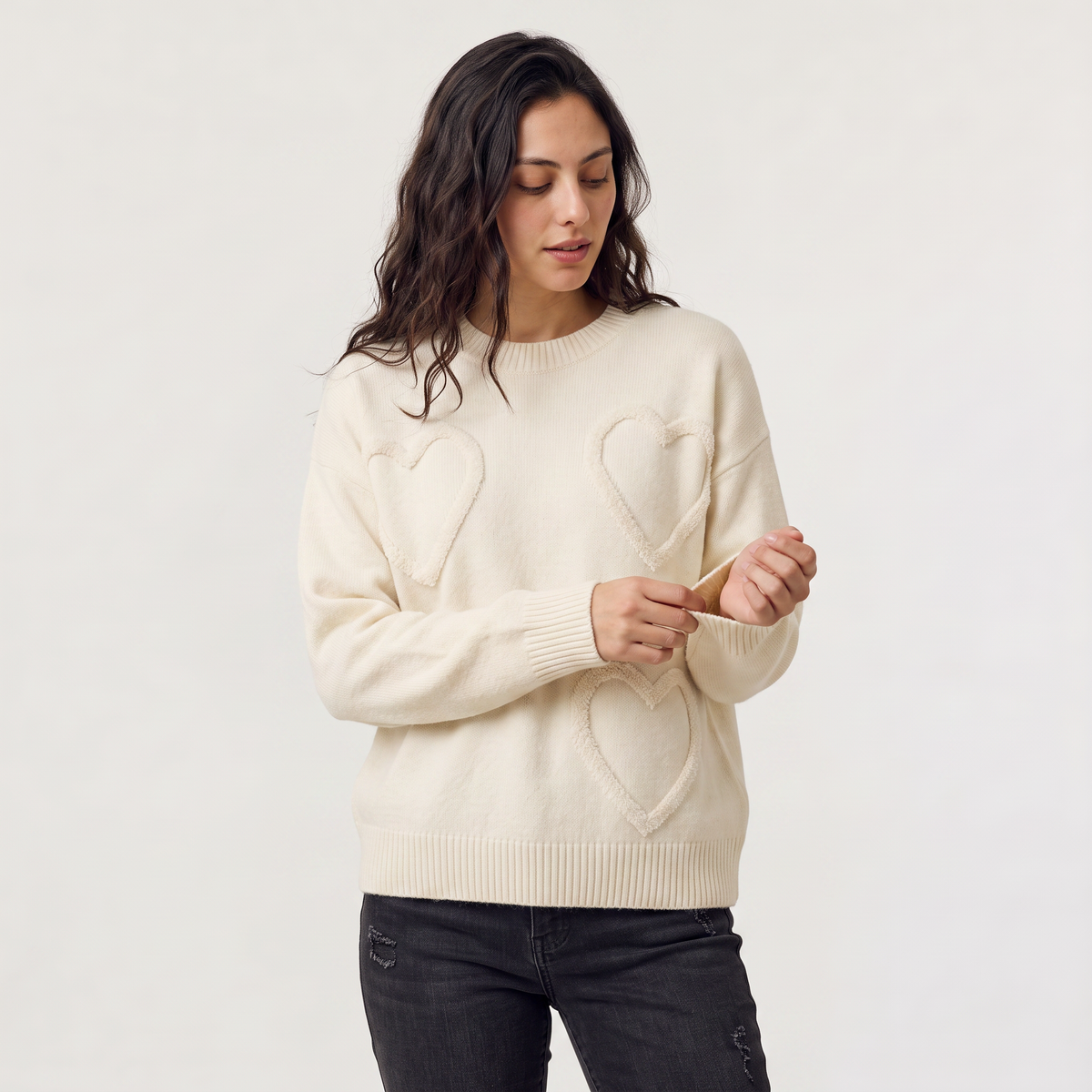 Holly | Heart Embroidered Oversized Long Sleeve Crew Neck Autumn Winter Ribbed Jumper Women