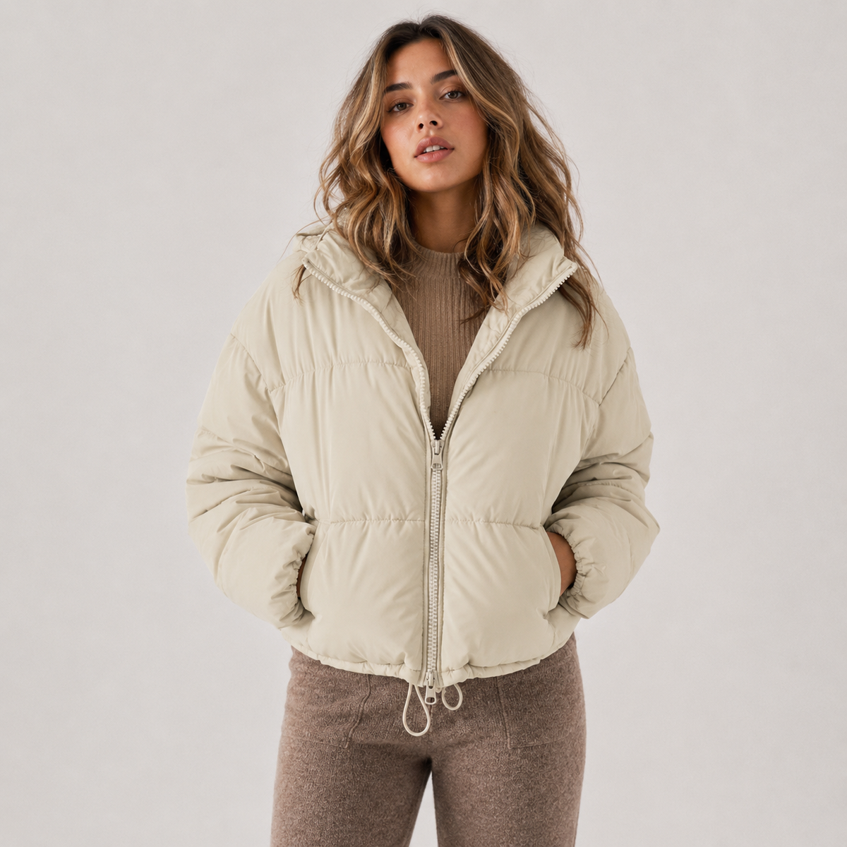 Chloe | Quilted Winter Oversized Funnel Neck Zip Up Cropped Puffer Jacket Women