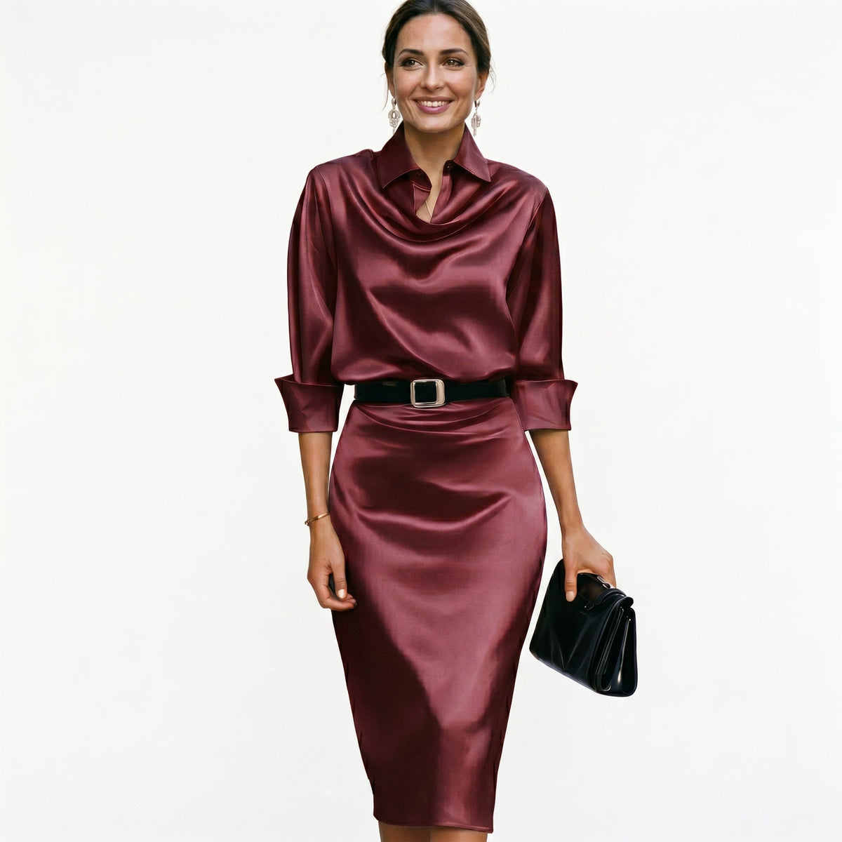 Cara | Collared Cowl Neck Draped Belted Bodycon Satin Midi Dinner Wedding Guest Dress Women