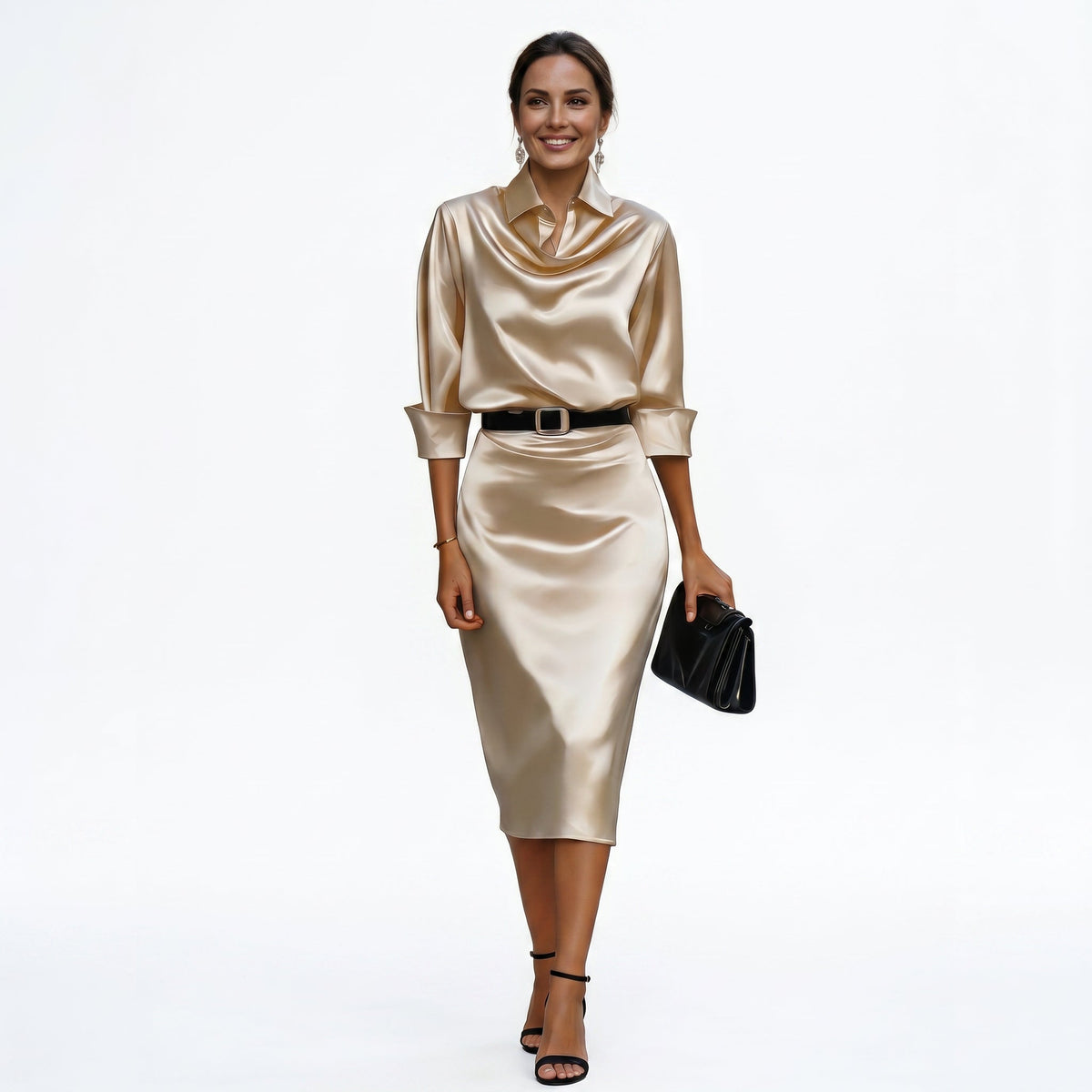 Cara | Collared Cowl Neck Draped Belted Bodycon Satin Midi Dinner Wedding Guest Dress Women
