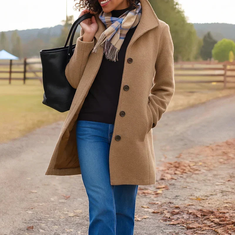 Single Breasted Wool Coat with Notched Collar - Camel