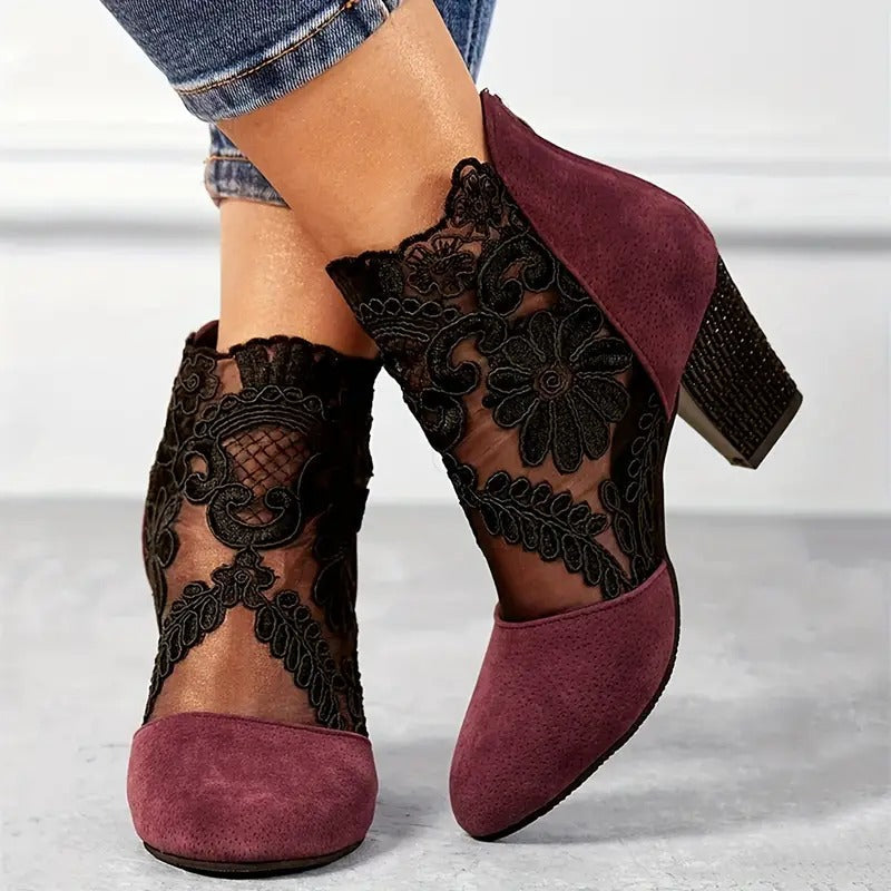 Hope | Embellished Floral Embroidered Autumn Party Block Heeled Faux Suede Ankle Boots Women