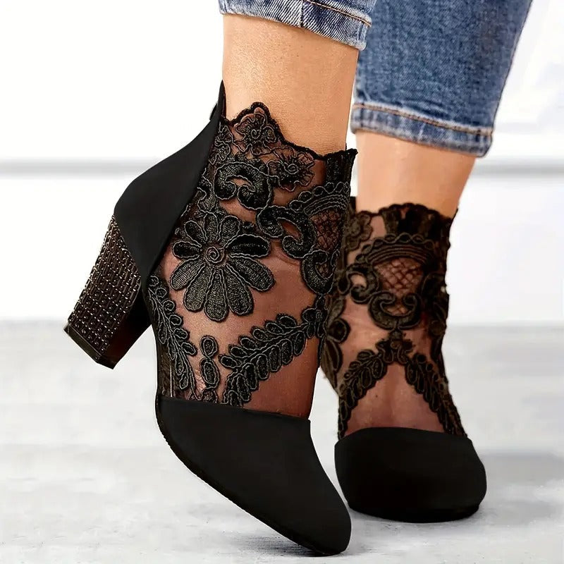 Hope | Embellished Floral Embroidered Autumn Party Block Heeled Faux Suede Ankle Boots Women