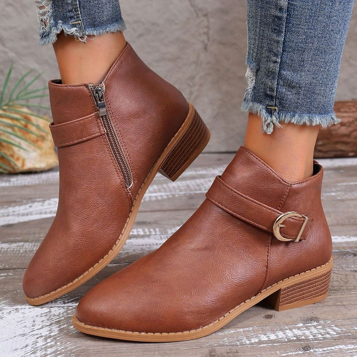 Selma | Buckle Block Heeled Round Toe Zip Up Autumn Smart Faux Leather Ankle Boots Women