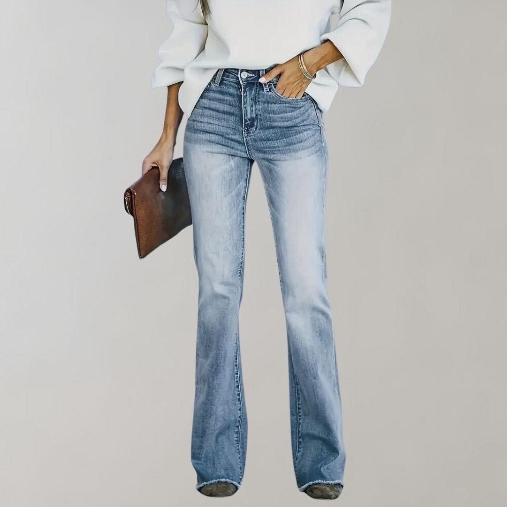Belle | Frayed Hem High Waisted Autumn Long Pocket Flare Jeans Women