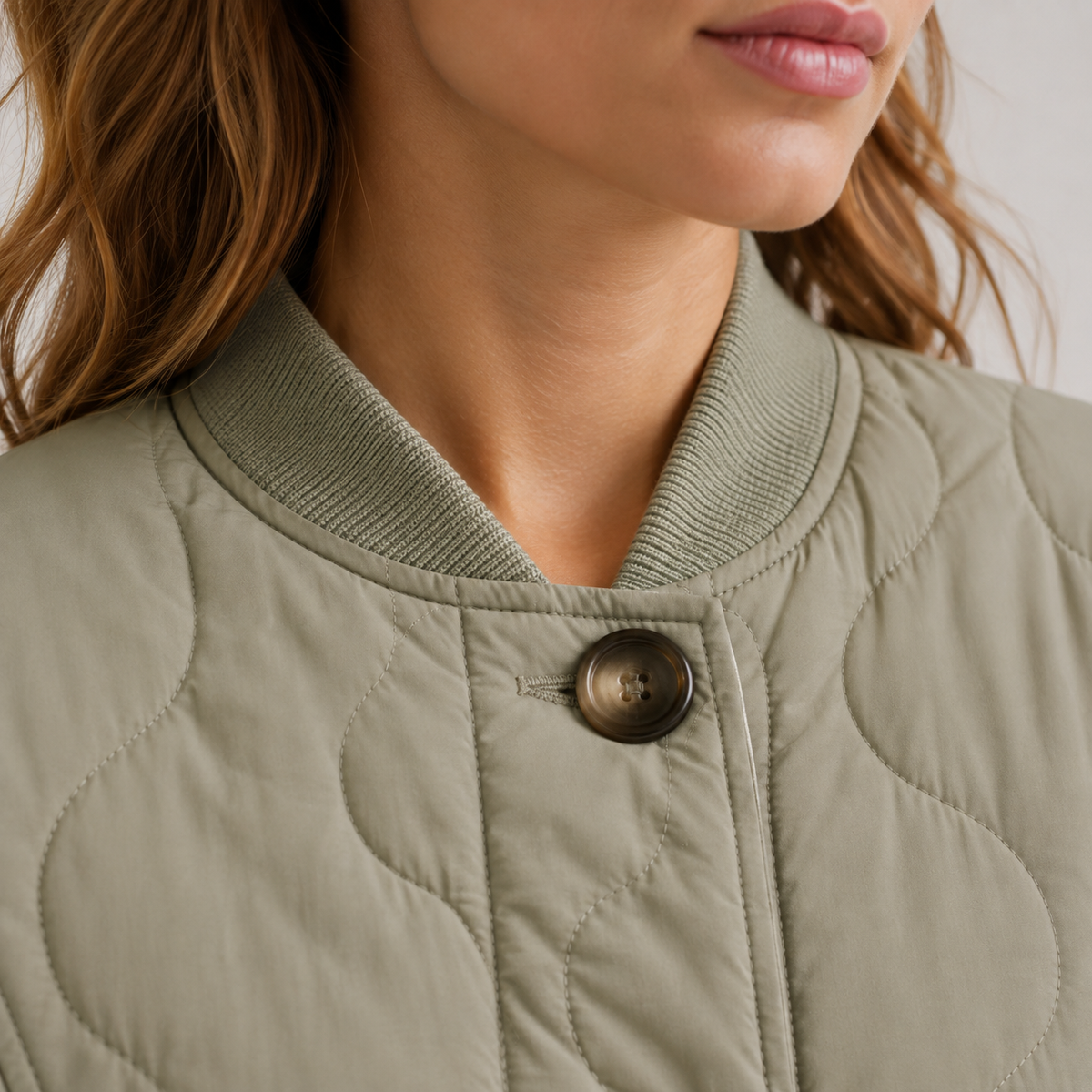 Quilted Bomber Jacket with Stand Collar - Olive