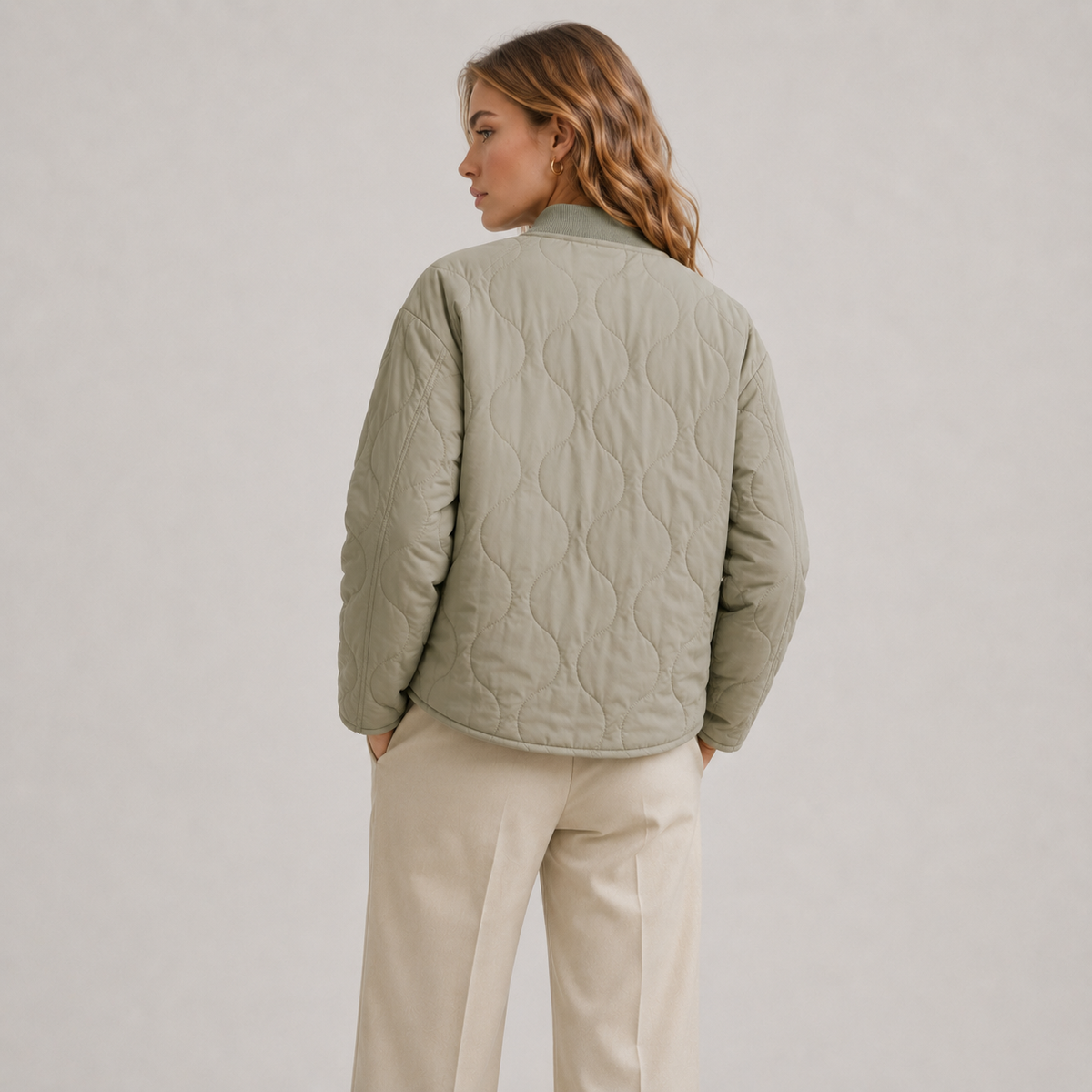 Quilted Bomber Jacket with Stand Collar - Olive