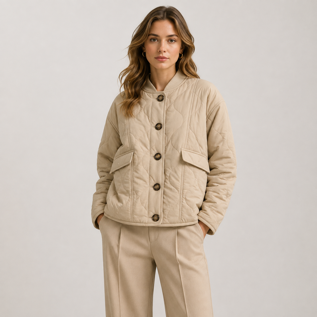 Quilted Bomber Jacket with Stand Collar - Olive