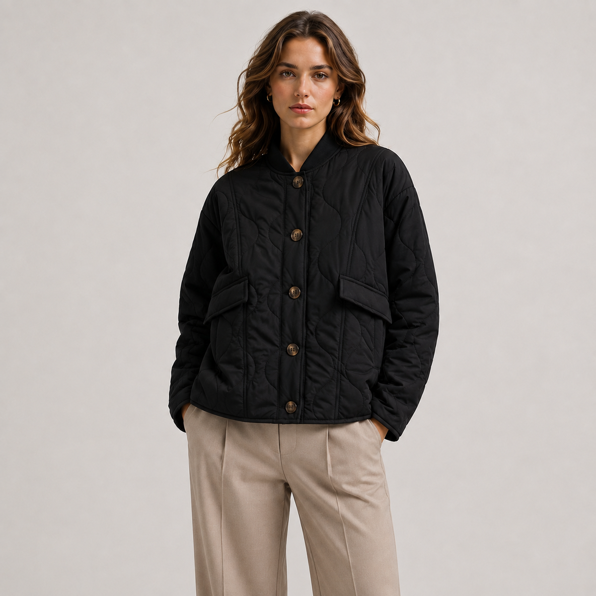 Quilted Bomber Jacket with Stand Collar - Olive
