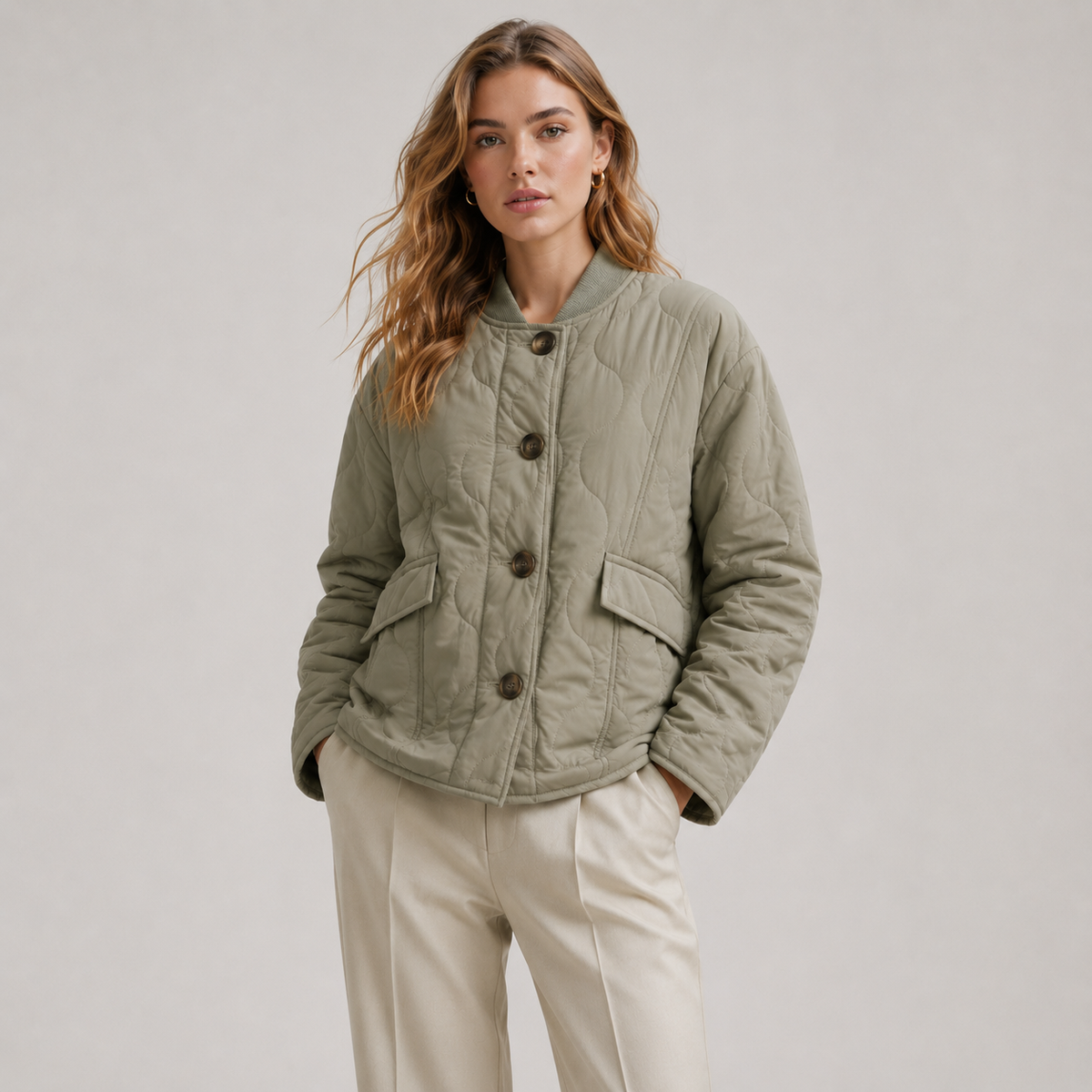 Quilted Bomber Jacket with Stand Collar - Olive