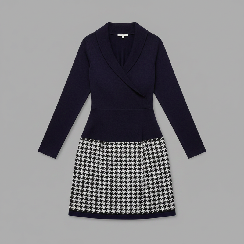 Stella | Houndstooth Knitted Collar Long Sleeve V Neck Autumn Smart Wrap Dress Women