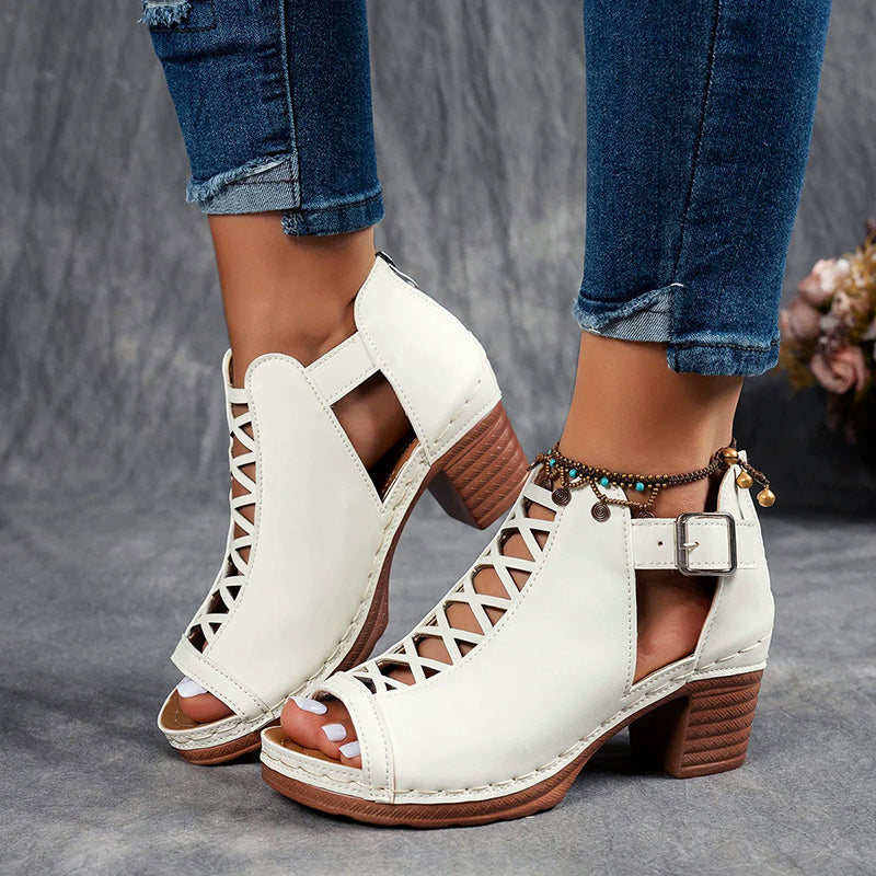 Anya | Buckle Cut Out Block Heeled Peep Toe Zip Up Faux Suede Ankle Boots Women