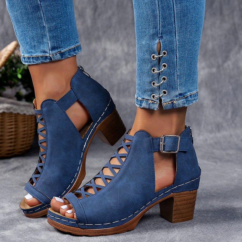 Anya | Buckle Cut Out Block Heeled Peep Toe Zip Up Faux Suede Ankle Boots Women