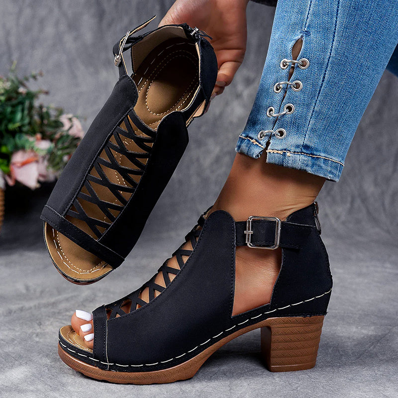 Anya | Buckle Cut Out Block Heeled Peep Toe Zip Up Faux Suede Ankle Boots Women