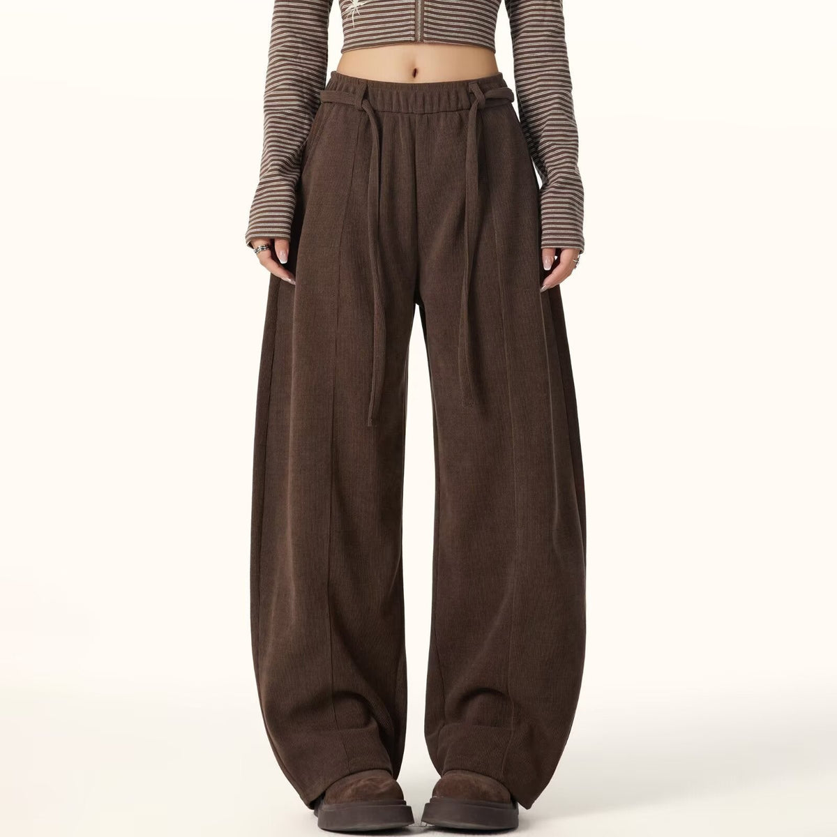 Bella | Baggy Elasticated Drawstring Pockets Autumn Corduroy Wide Leg Trousers Women