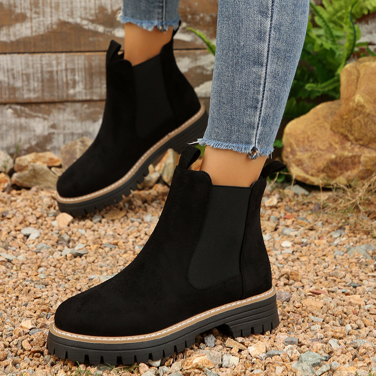 Livia | Faux Suede Lug Chunky Platform Round Toe Chelsea Boots Women