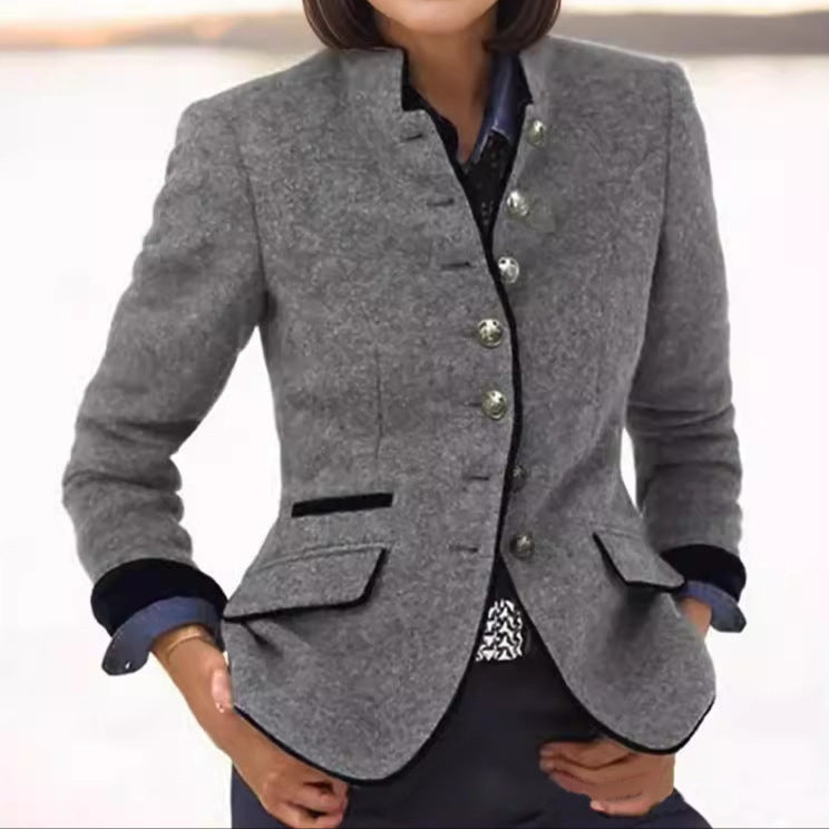 Tweed Wool Jacket with Stand Collar - Taupe