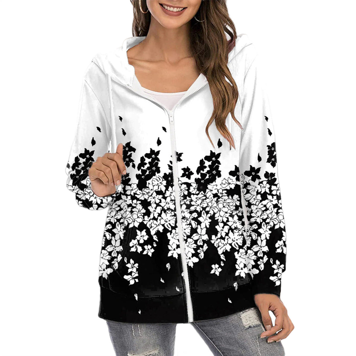 Esme | Fleece Floral Printed Zip Up Drawstring Pockets Longline Hoodie Women