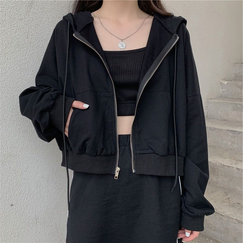 Lottie | Zip Up Drawstring Pockets Long Sleeve Ribbed Cropped Autumn Oversized Hoodie Women