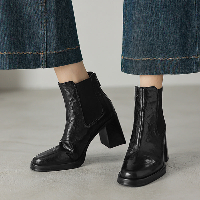Thea | Square Toe Smart Faux Leather Platform Block Heel Chelsea Boots Women