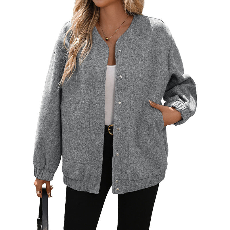 Suzy | Collarless Pockets Fleece Oversized Ribbed Hem Autumn Bomber Jacket Women