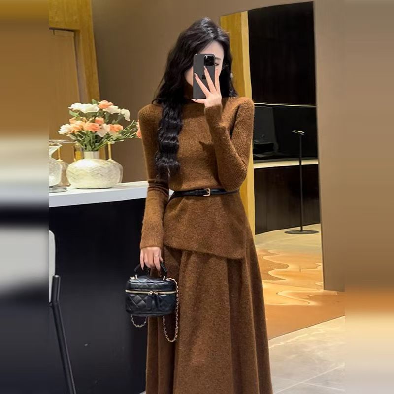 Kiera | Long Sleeve Belted Knitted Autumn Winter Flared Maxi Skirt Co Ord Set Women