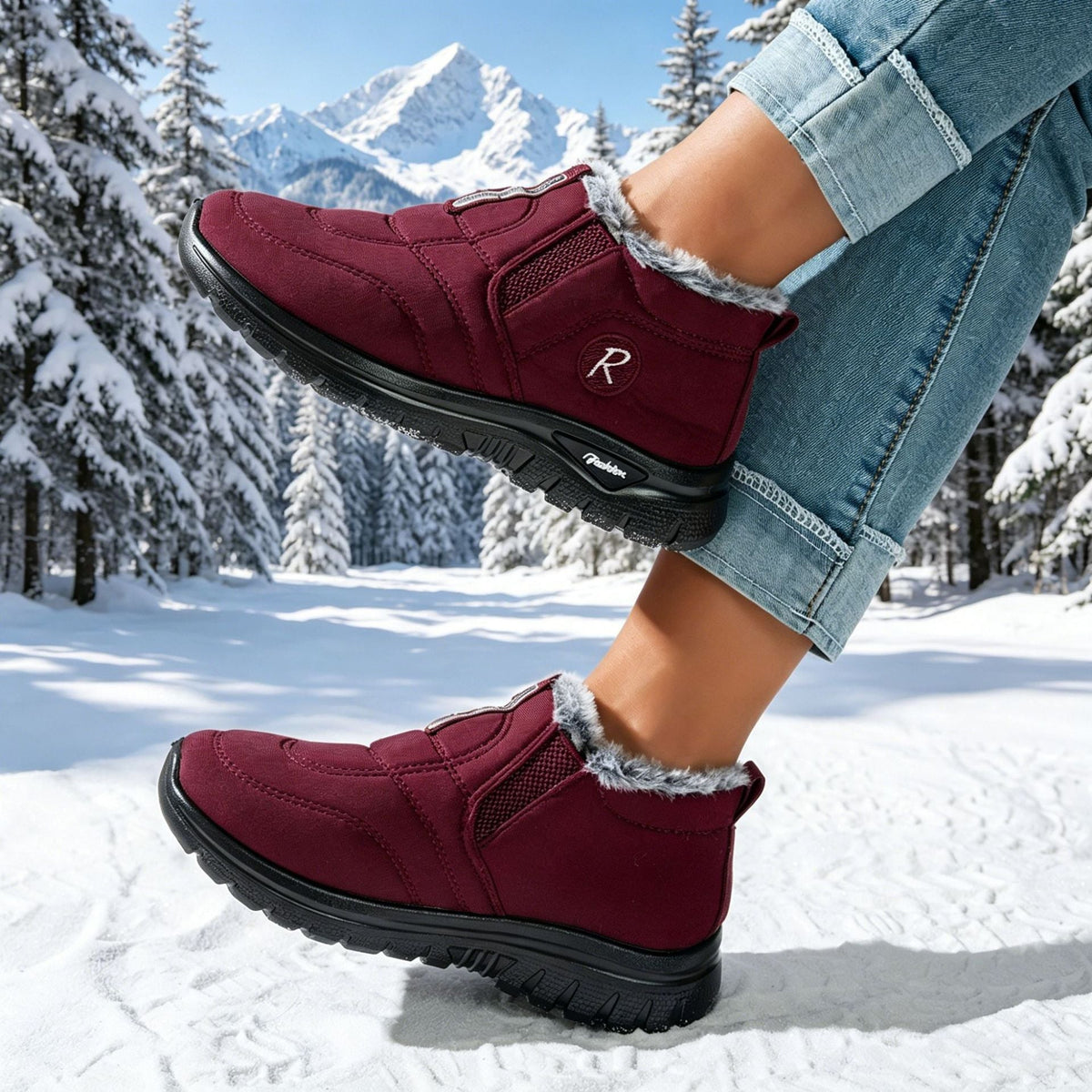 Neve | Faux Fur Padded Flat Slip On Winter Ankle Snow Boots Women