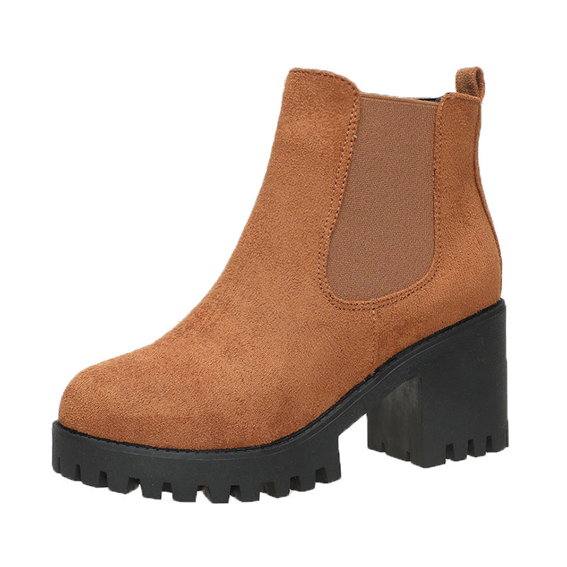 Dani | Round Toe Faux Suede Platform Block Heel Lug Autumn Chelsea Boots Women