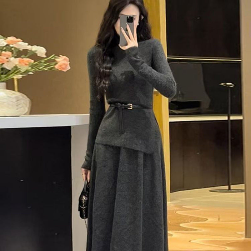 Kiera | Long Sleeve Belted Knitted Autumn Winter Flared Maxi Skirt Co Ord Set Women