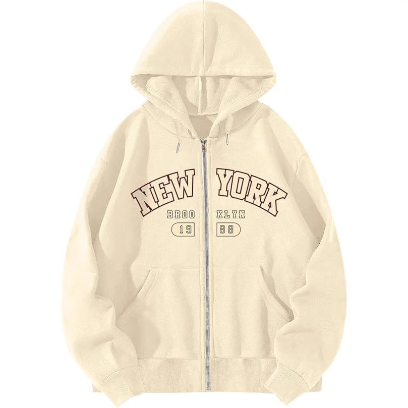 Bea | Fleece Printed Zip Up Drawstring Pockets Long Sleeve Autumn Oversized Hoodie Women
