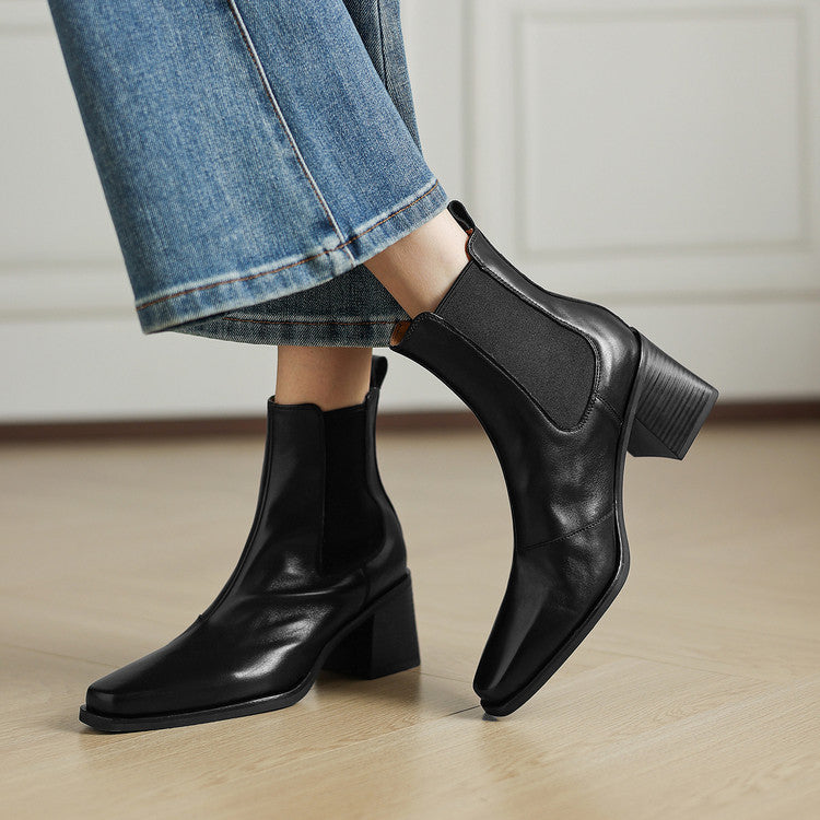 Suzy | Faux Leather Square Toe Autumn Smart Block Heel Chelsea Boots Women