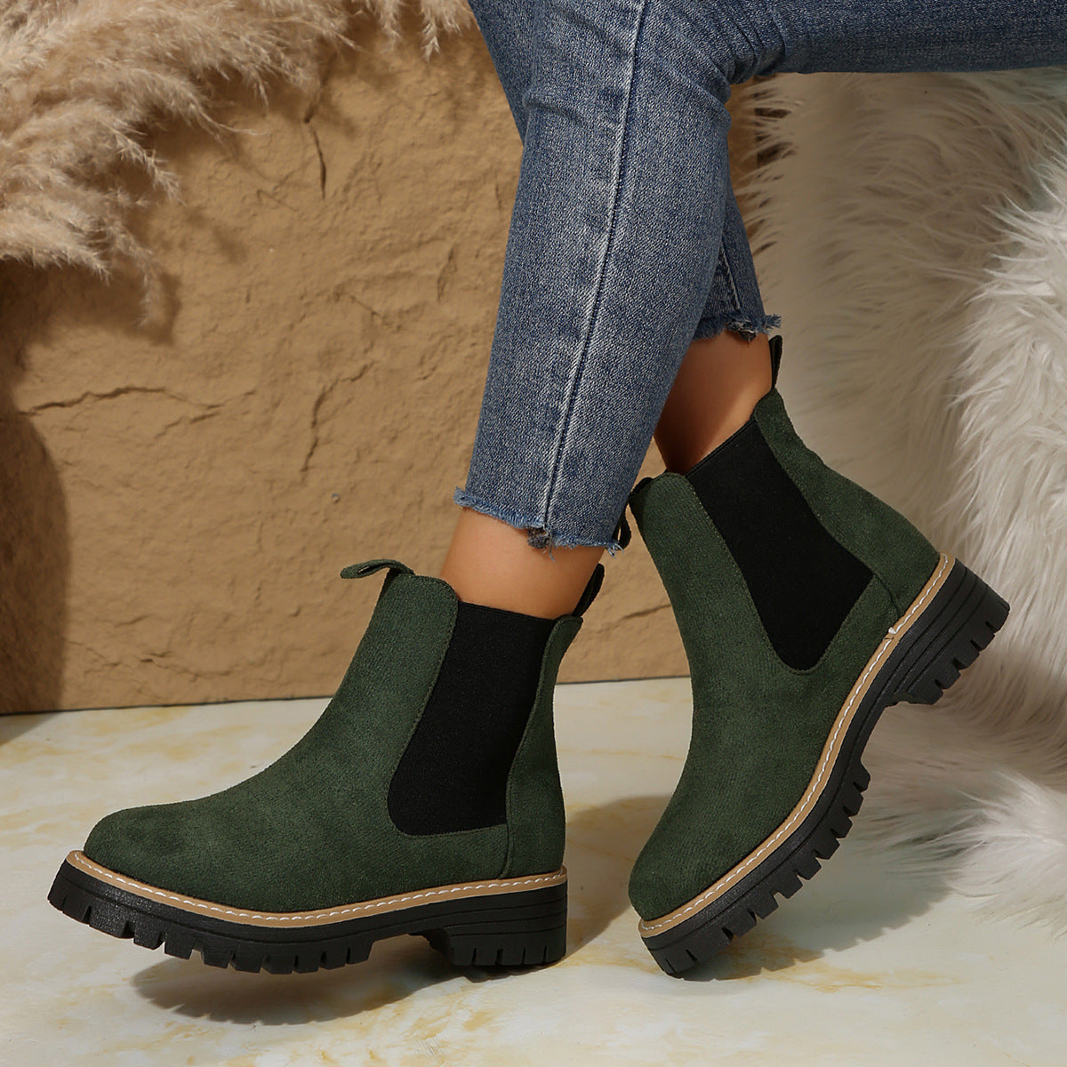 Livia | Faux Suede Lug Chunky Platform Round Toe Chelsea Boots Women