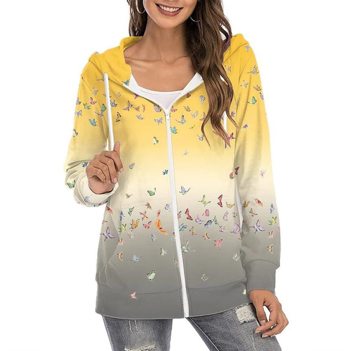 Esme | Fleece Floral Printed Zip Up Drawstring Pockets Longline Hoodie Women