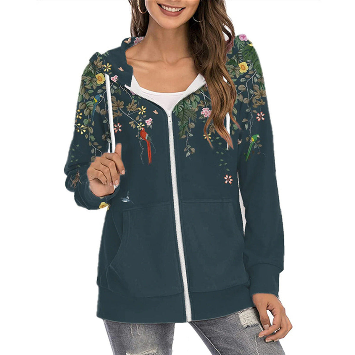 Esme | Fleece Floral Printed Zip Up Drawstring Pockets Longline Hoodie Women