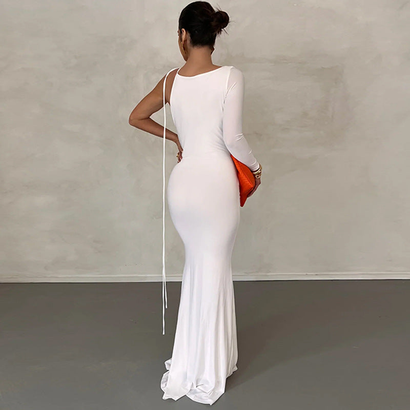 Nancy | One Shoulder Cowl Neck Draped Long Sleeve Prom Evening Mermaid Maxi Gown Women