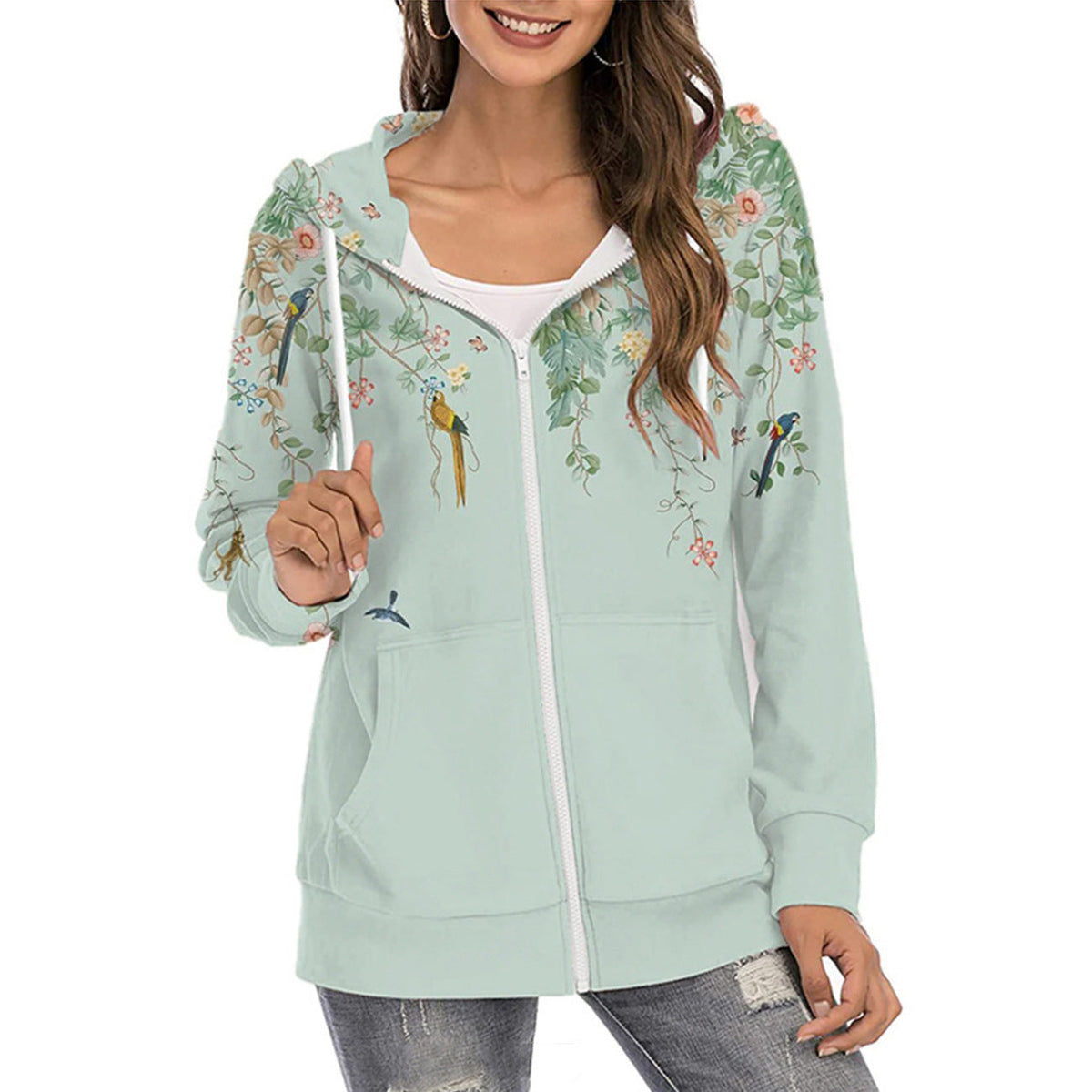 Esme | Fleece Floral Printed Zip Up Drawstring Pockets Longline Hoodie Women