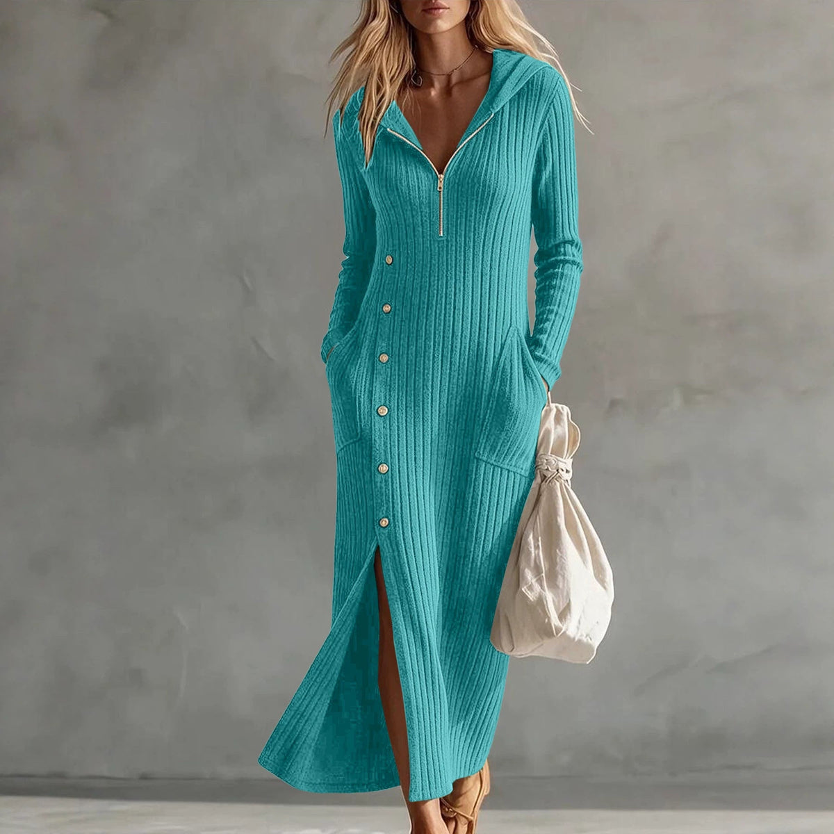 Olive | Hooded Long Sleeve Ribbed Knit Pockets Slit Autumn Winter Maxi Jumper Dress Women