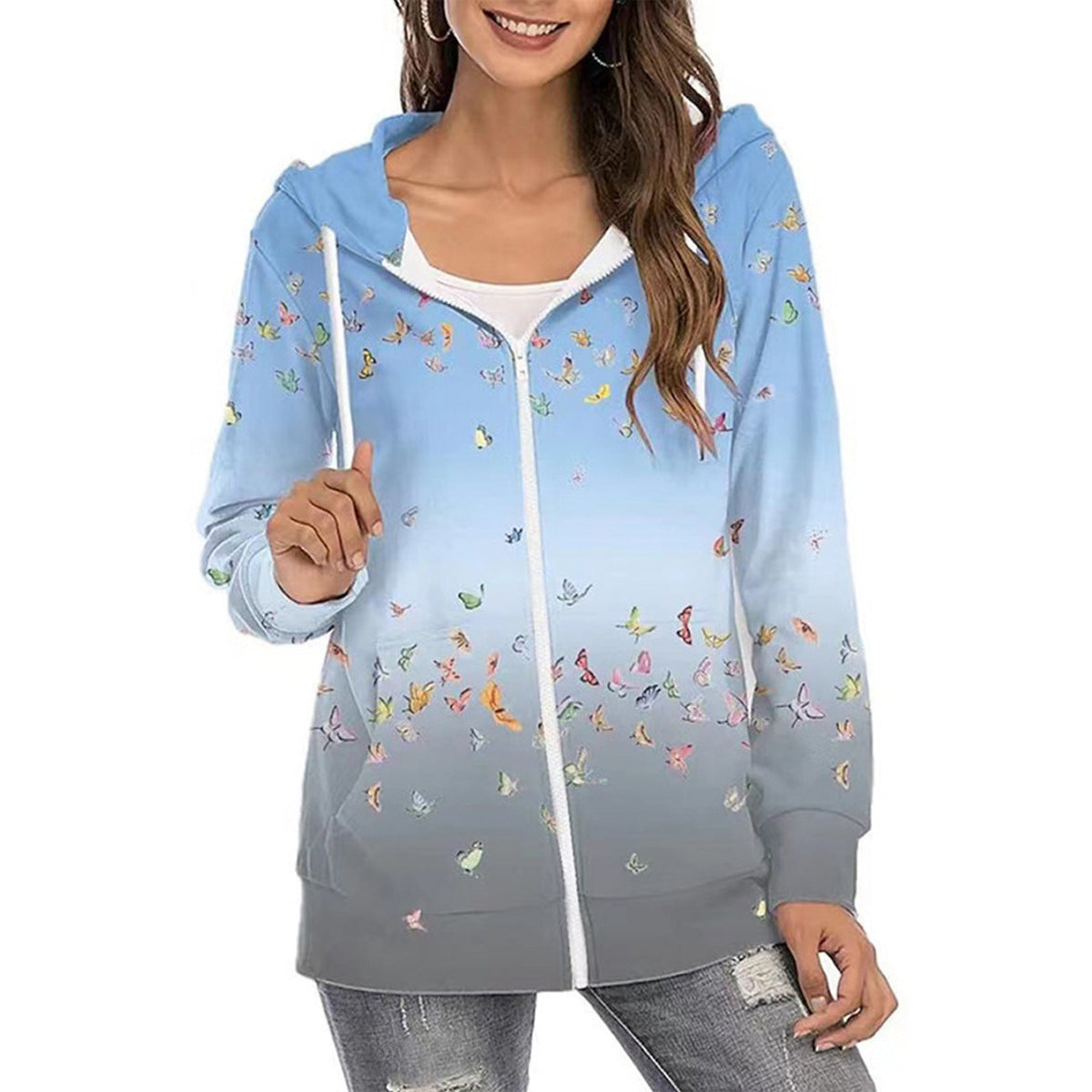 Esme | Fleece Floral Printed Zip Up Drawstring Pockets Longline Hoodie Women