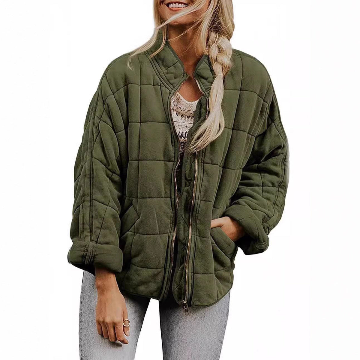 Rhea | Oversized Funnel Neck Zip Up Side Pockets Quilted Winter Jacket Women
